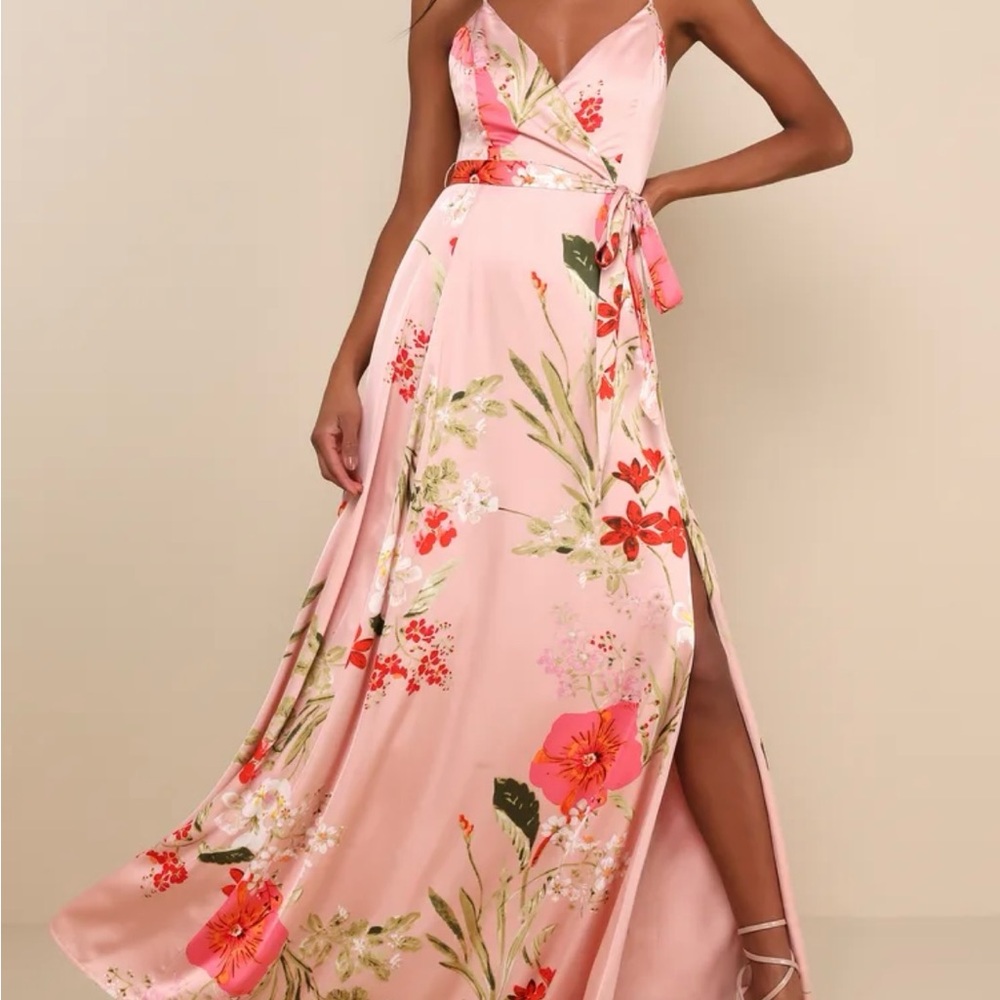 Lulu’s Still the One Blush Pink Floral Print Satin Maxi Dress